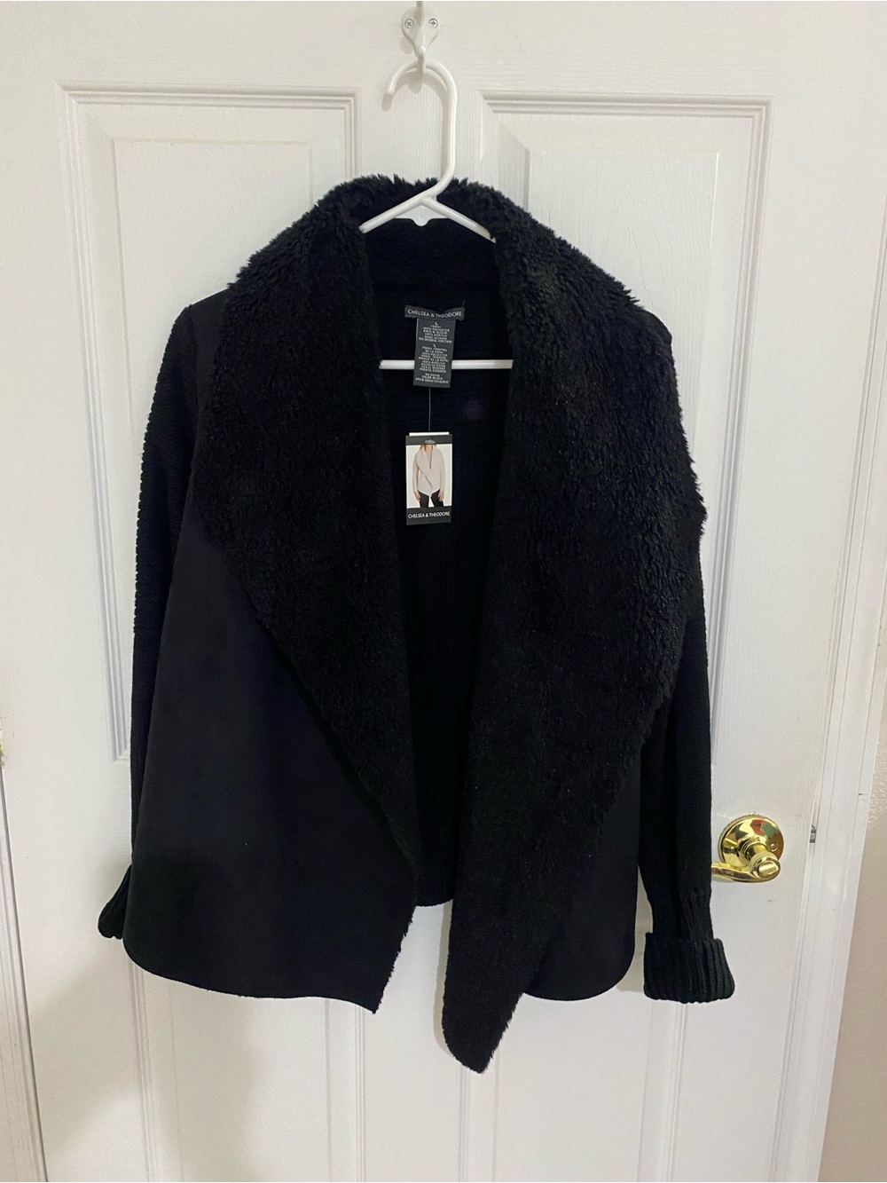 Chelsea & Theodore Black Faux-Shearling Open Front Teddy Jacket